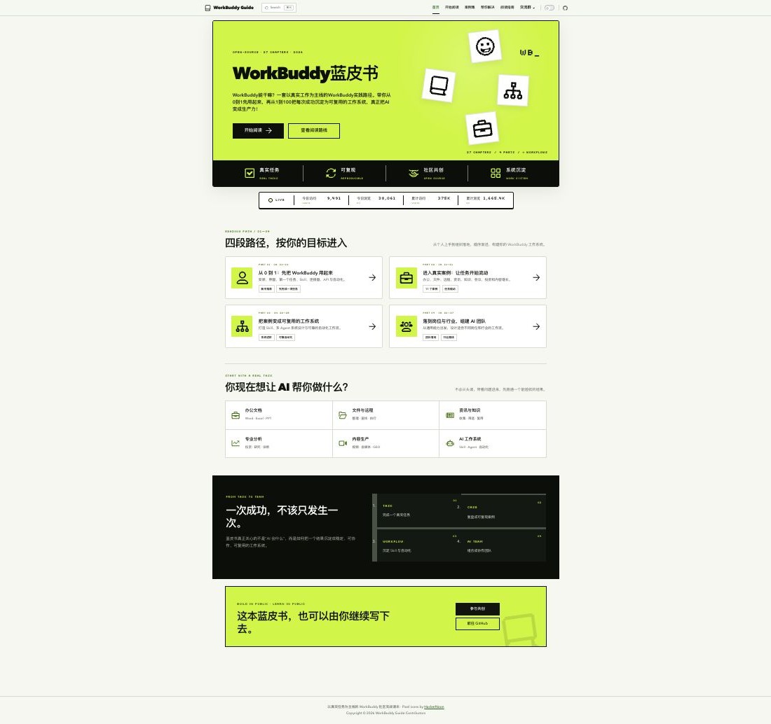 WorkBuddy 实战蓝皮书官网首页截图